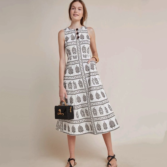 NWT Anthropologie Woodblock Midi Dress Size 10 12 White Black - Picture 3 of 7
